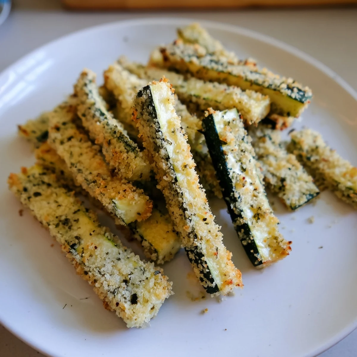 Golden, crispy Baked Zucchini Fries, a satisfying snack with a sprinkle of Parmesan cheese.