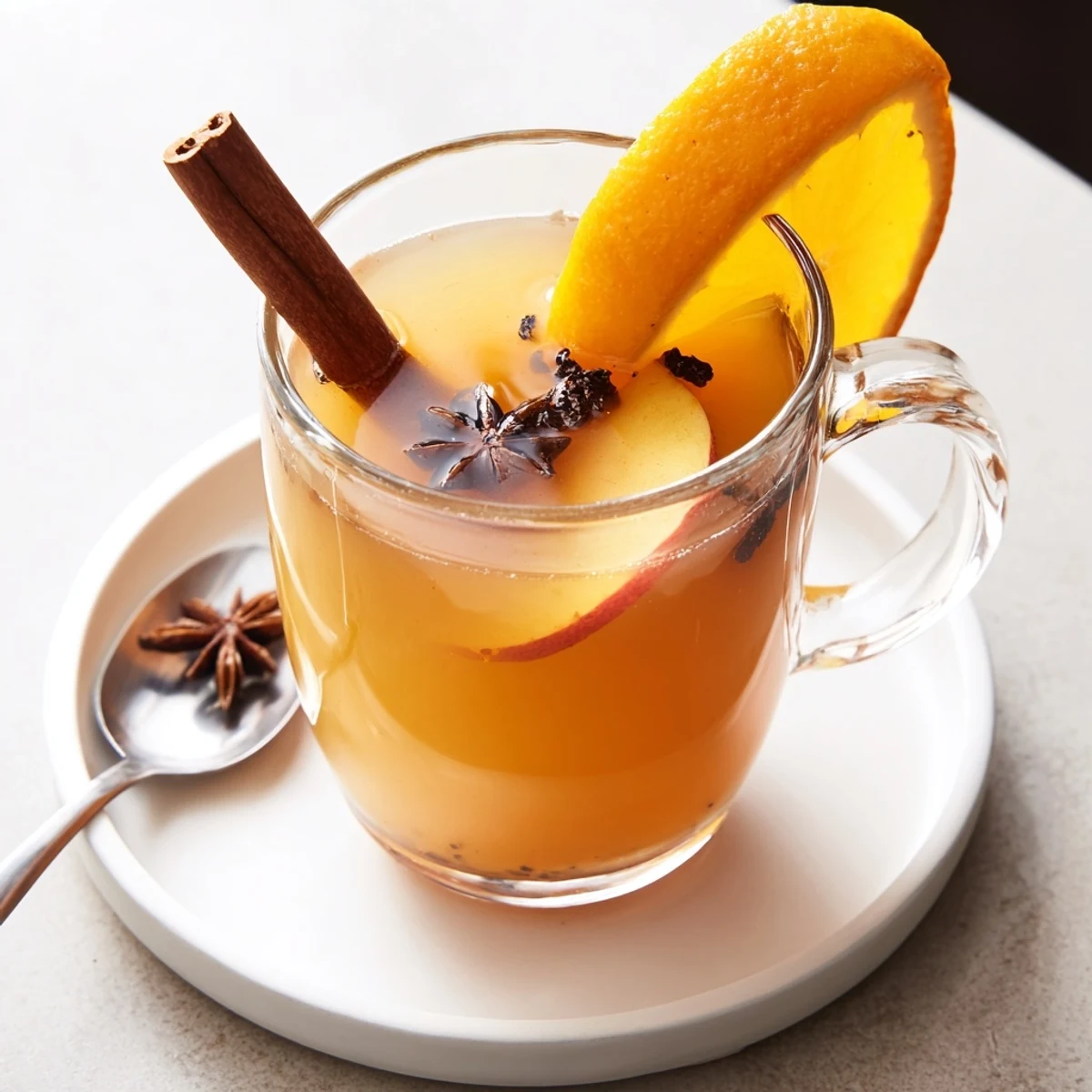 Warm, inviting picture of Spiced Hot Apple Cider with orange slices, ideal for autumn evenings.