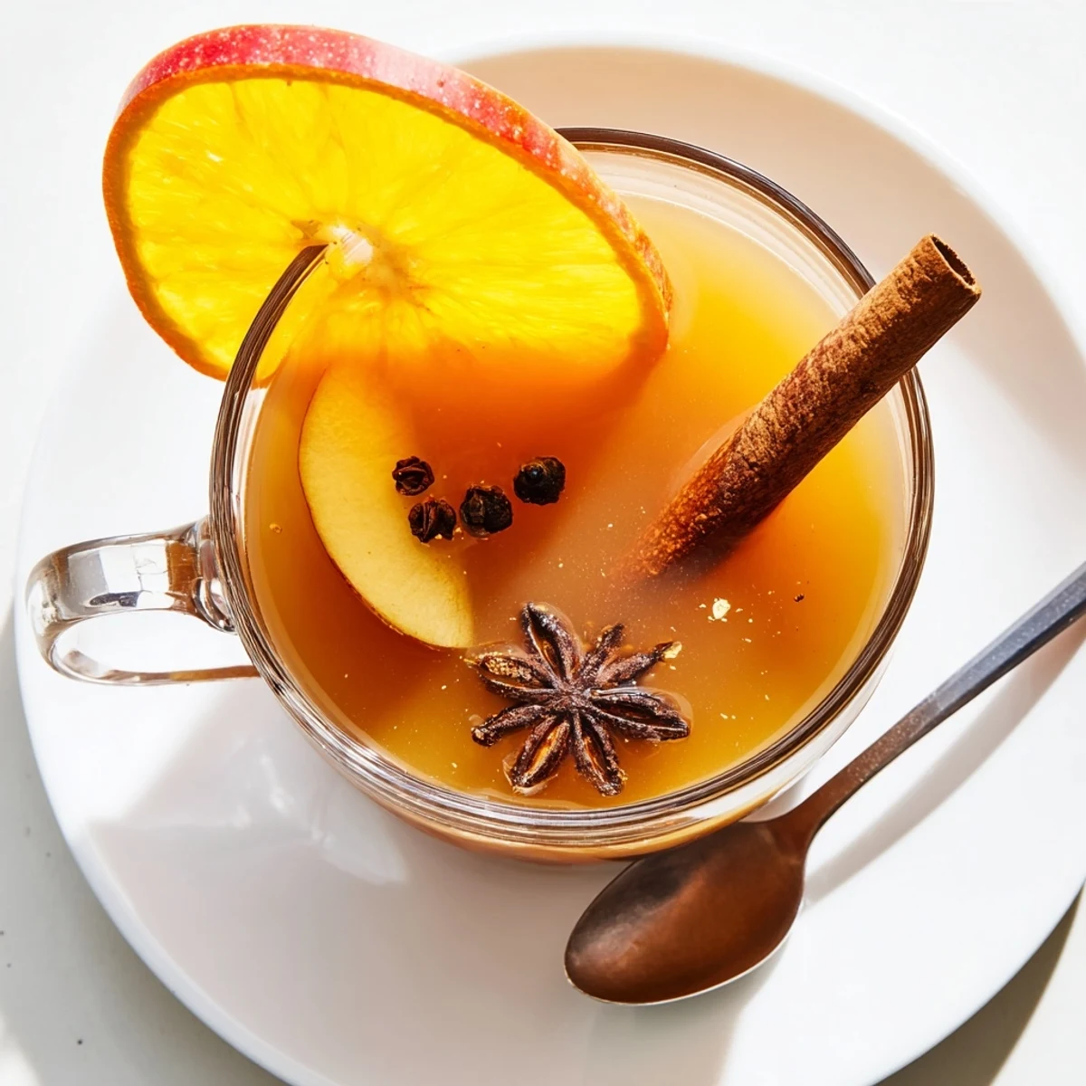 Delicious Spiced Hot Apple Cider simmering gently, showcasing the beautiful fall spices infused within.