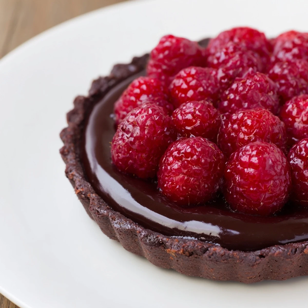 Close-up of a chocolate raspberry tart, revealing a crisp chocolate crust filled with ganache and berries.