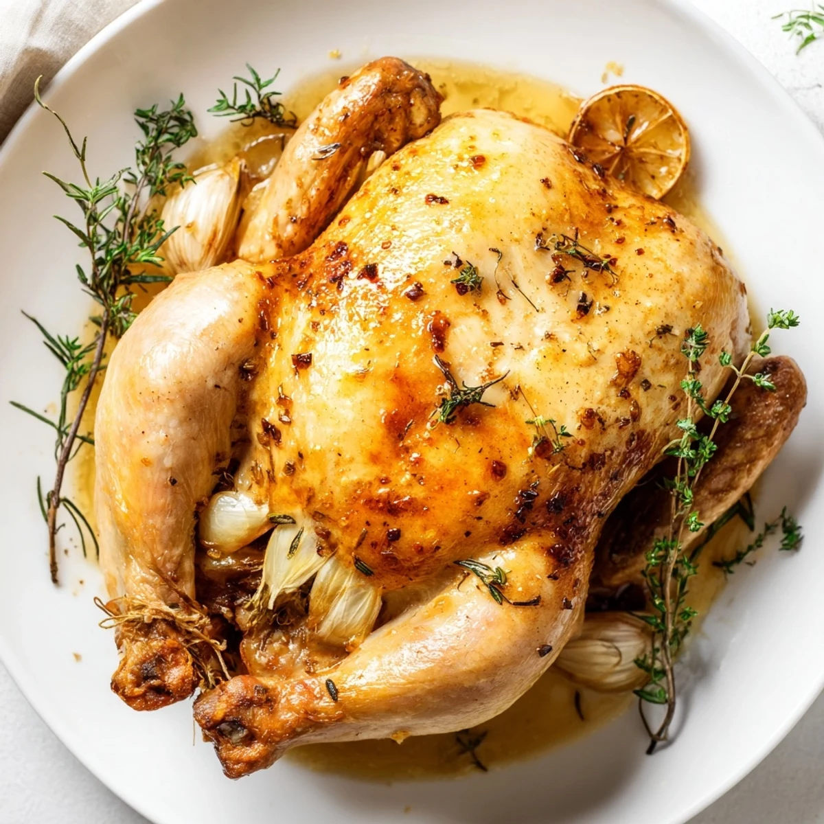 Golden-brown roasted chicken with lemon, a flavorful main dish with crispy skin and fragrant herbs.