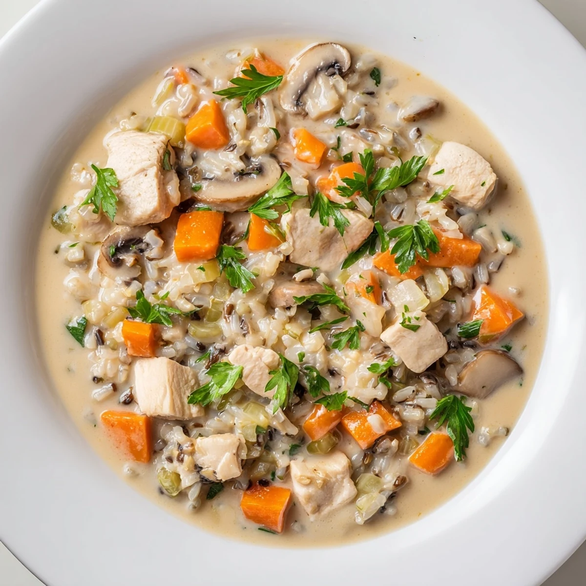 Close-up of a velvety creamy chicken wild rice soup, showcasing tender chicken and wild rice with fresh herbs atop.