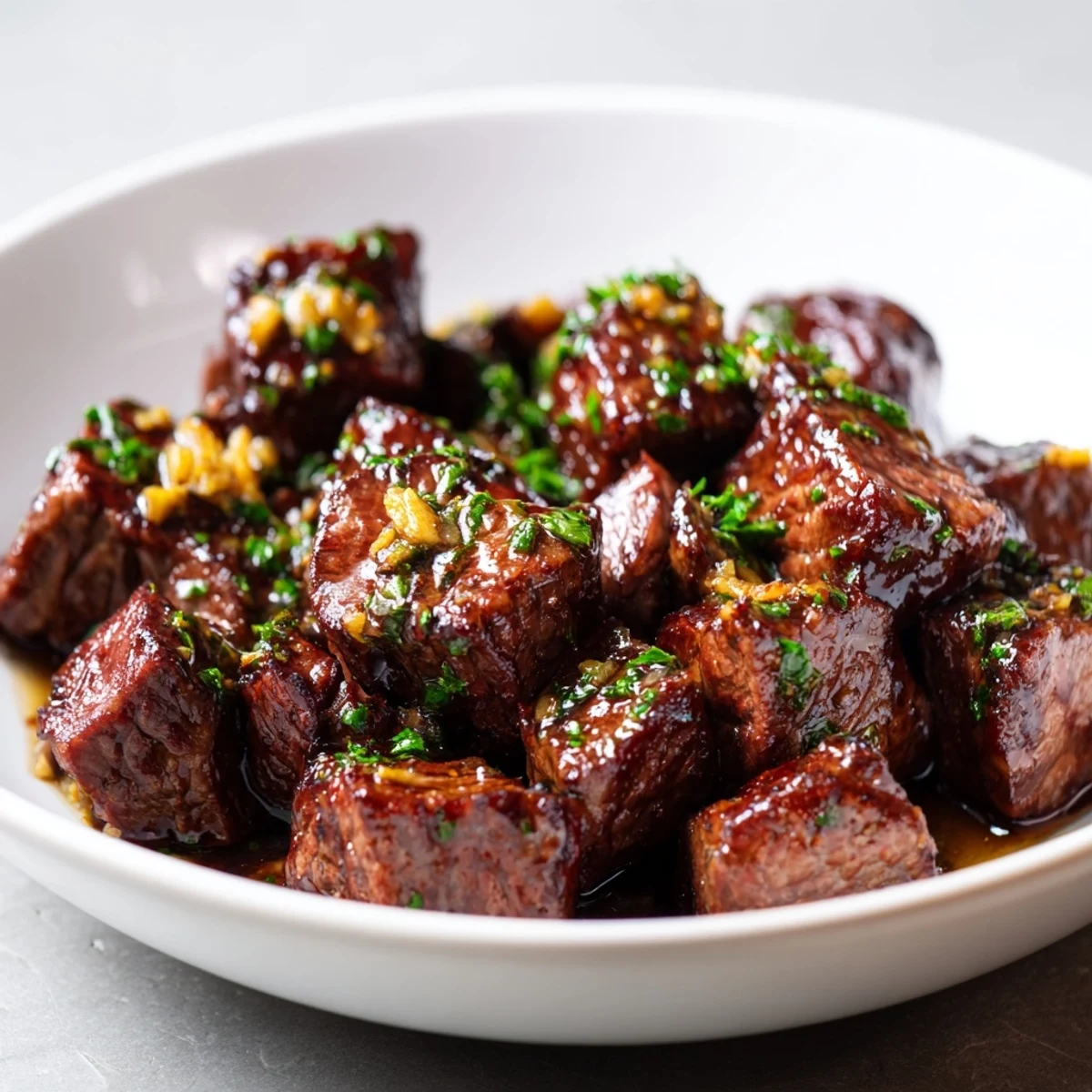 Vibrant, sizzling garlic butter steak bites, glistening with a savory butter sauce, ready to serve.