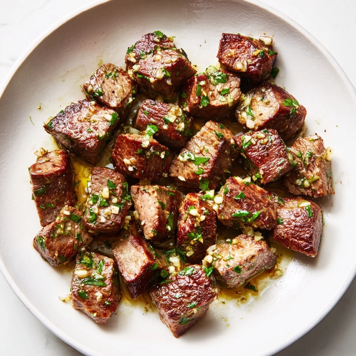 Hot, flavorful garlic butter steak bites, seasoned and cooked to tender perfection in a skillet.