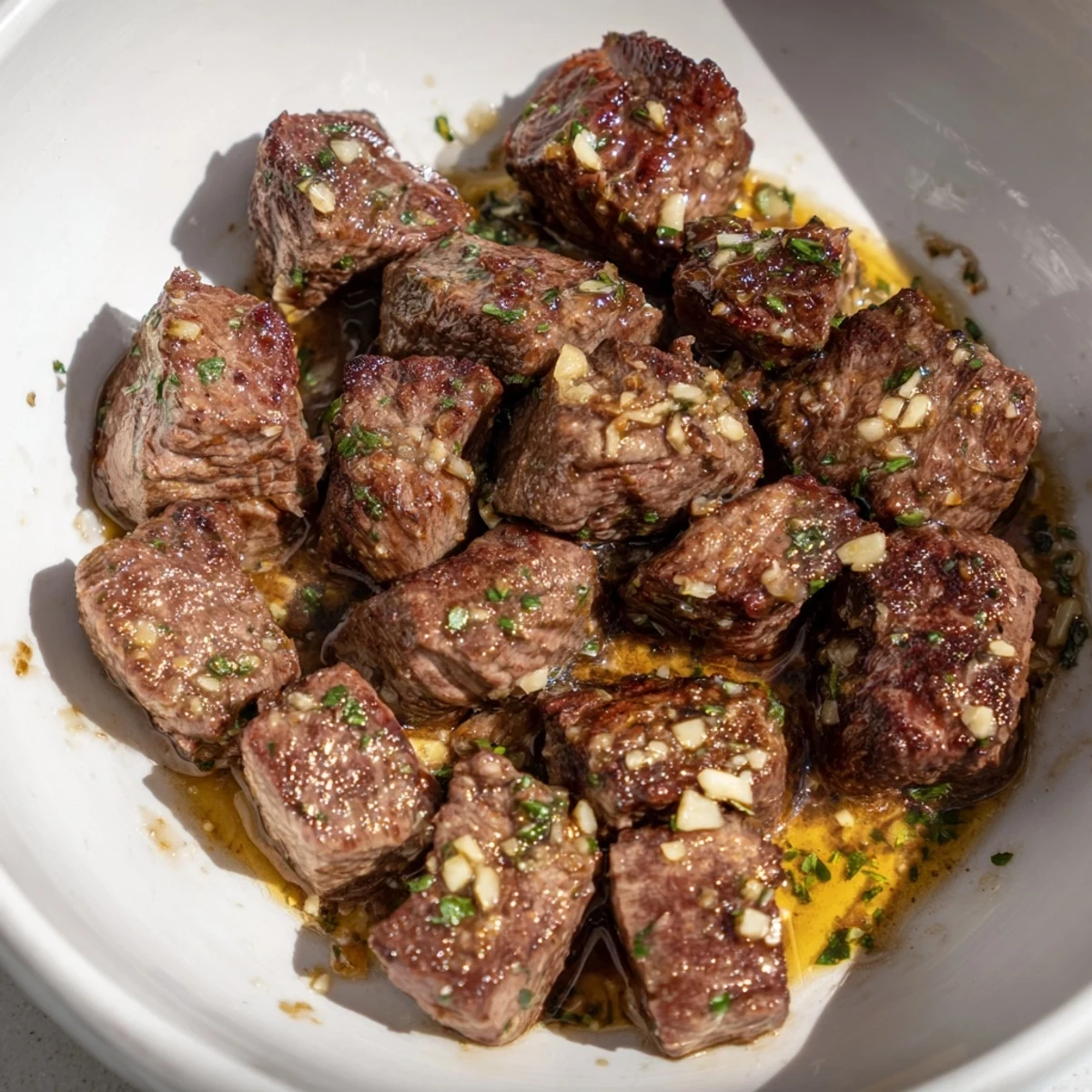 Close-up of golden-brown garlic butter steak bites, garnished with parsley, a delicious meal.