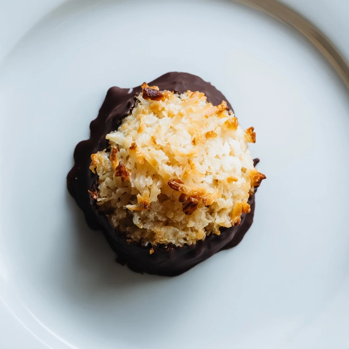 Freshly baked Chocolate Covered Coconut Macaroons, featuring a dark chocolate coating, are an irresistible dessert.