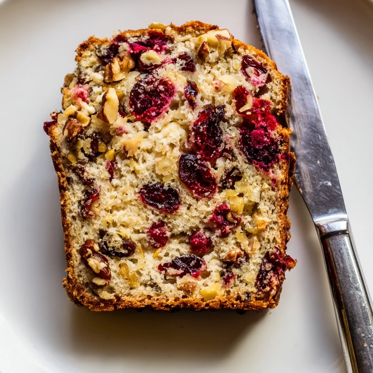 Freshly baked Cranberry Walnut Bread, fragrant and moist, with a perfect crumb structure and toasty walnuts.