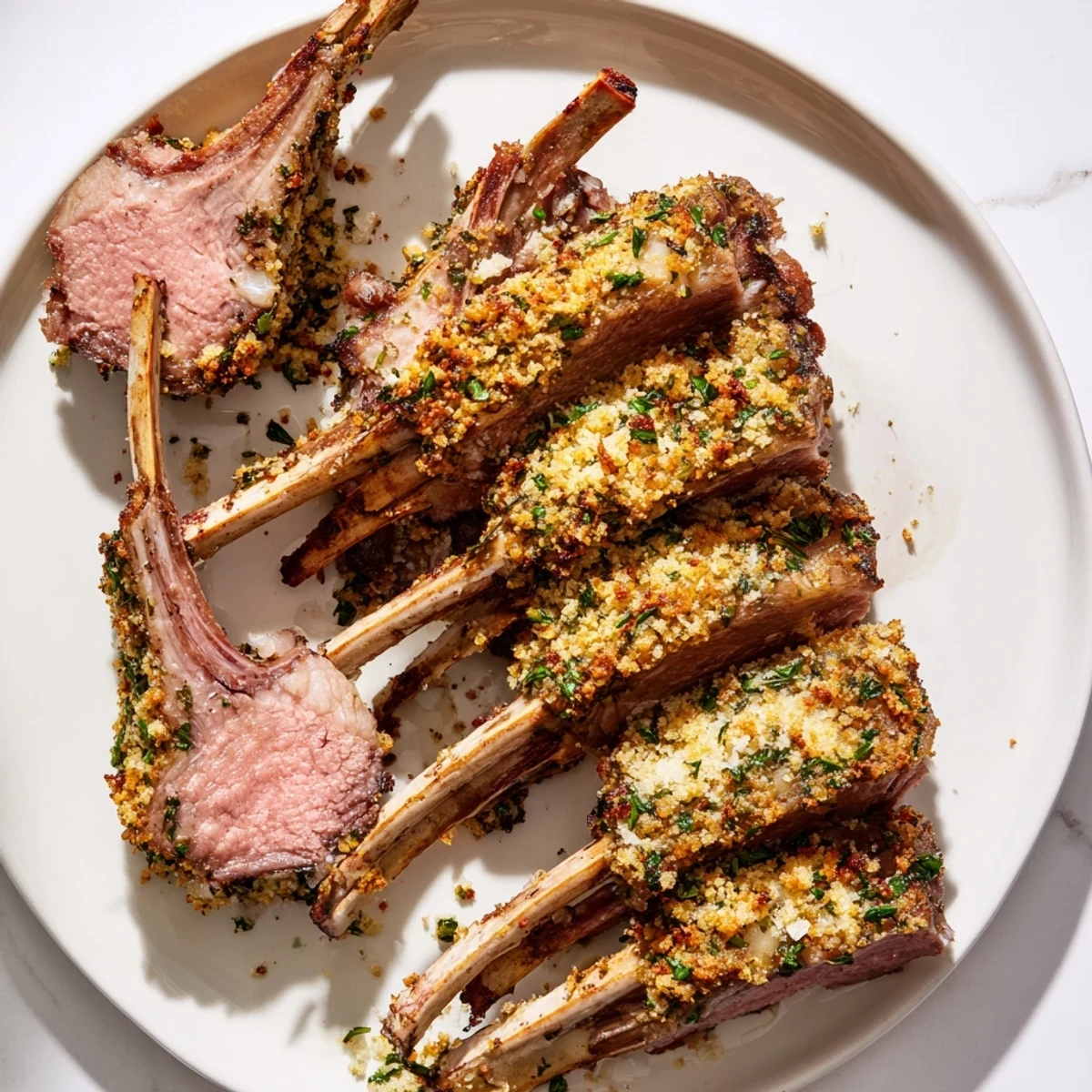 Seared herb crusted rack of lamb, golden breadcrumb crust, ready to serve with crispy edges.