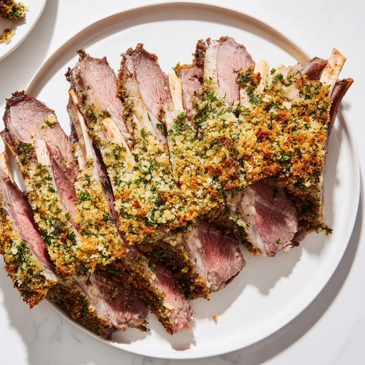 Juicy herb crusted rack of lamb, perfectly roasted, offering an elegant dinner centerpiece.
