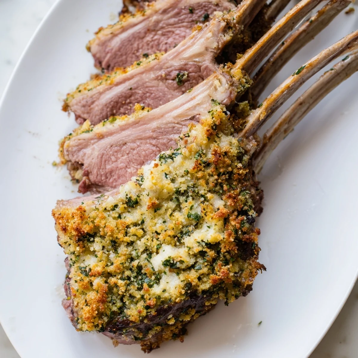 Fragrant herb crust topping a tender rack of lamb, an appealing main dish for entertaining guests.