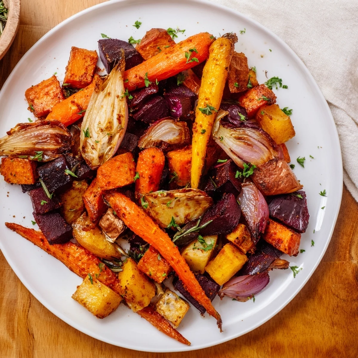 Tender, caramelized Roasted Root Vegetable Medley with herbs, perfect for a vegan-friendly feast.