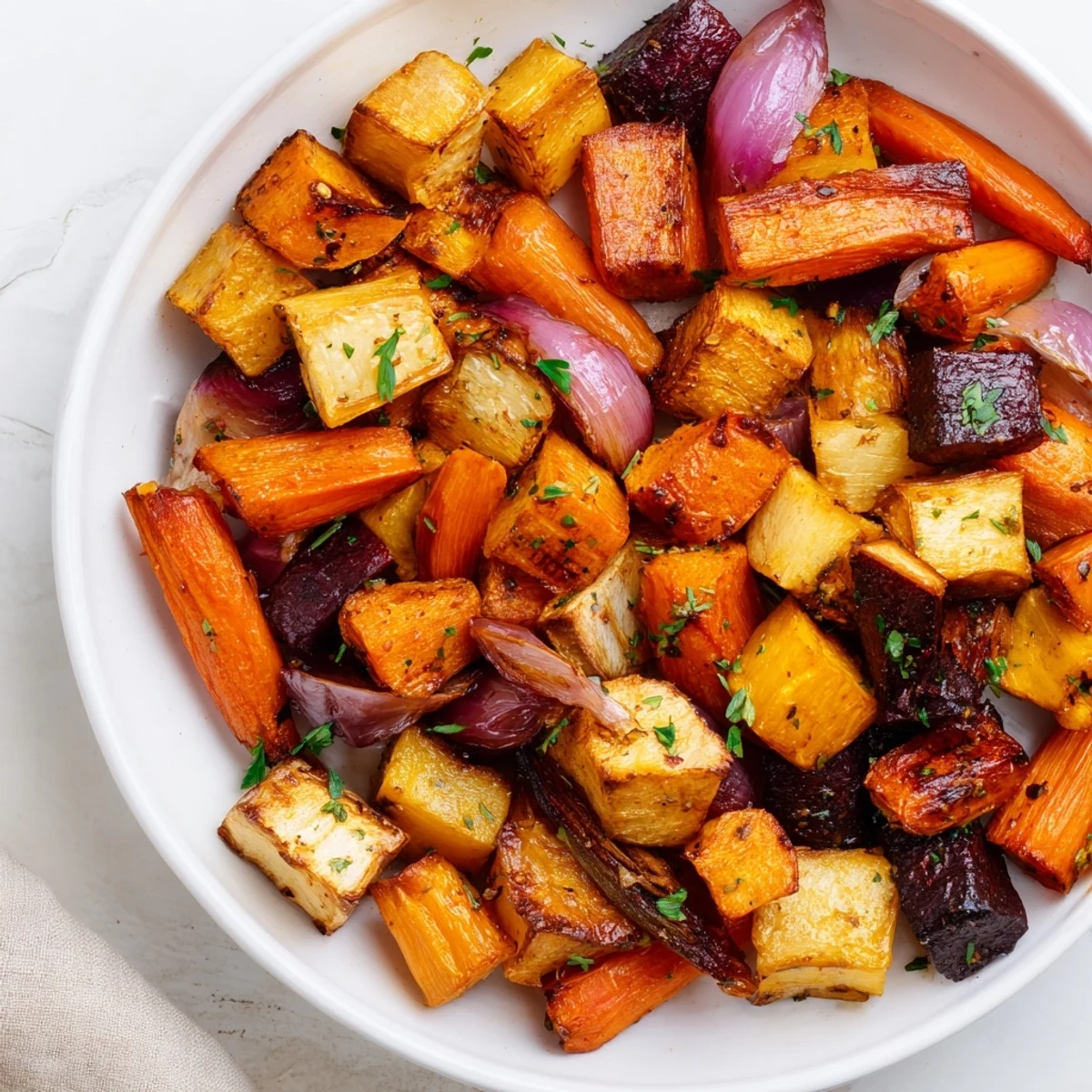 Golden-brown Roasted Root Vegetable Medley, a colorful and flavorful side dish, ready to serve.