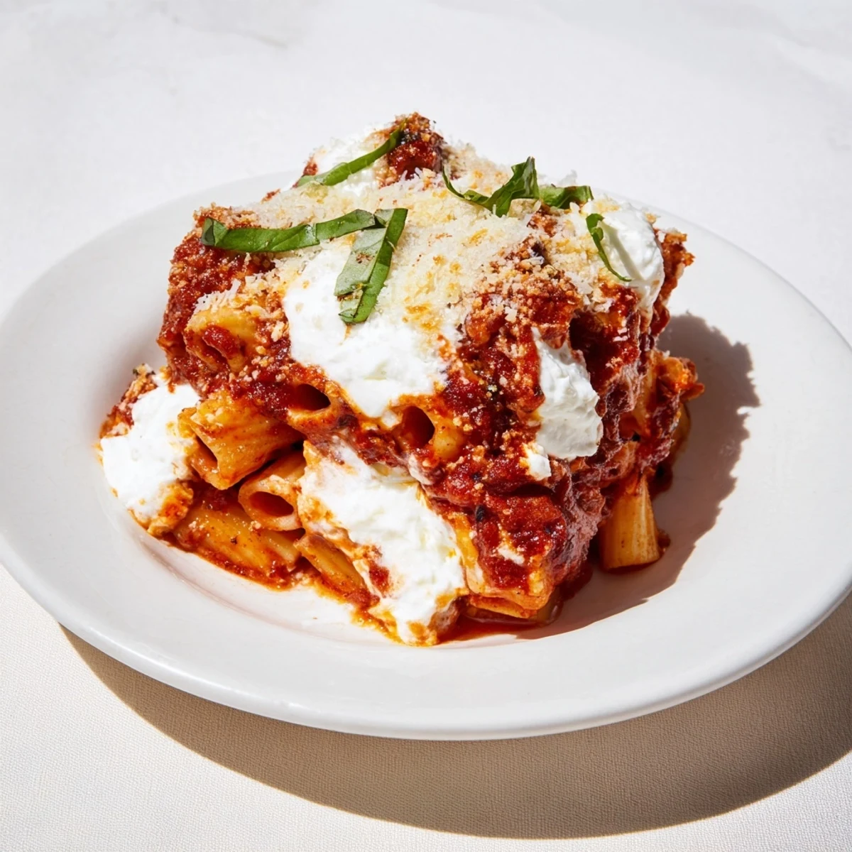 A delicious, cheesy baked ziti displays a golden top, promising a perfect family meal.