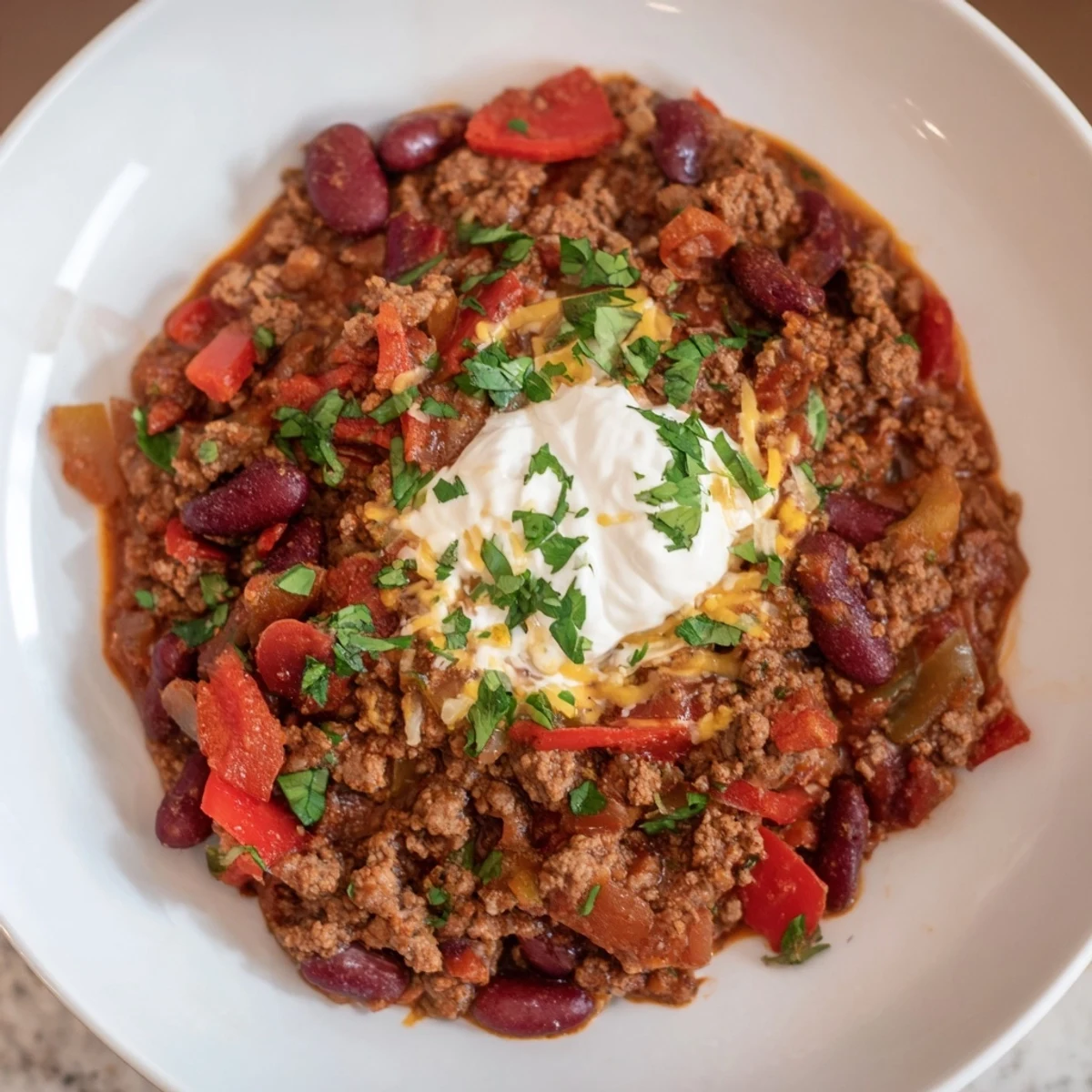 Close-up of a rich, red Spicy Beef Chili with Kidney Beans, showcasing chunky beef and vibrant beans.