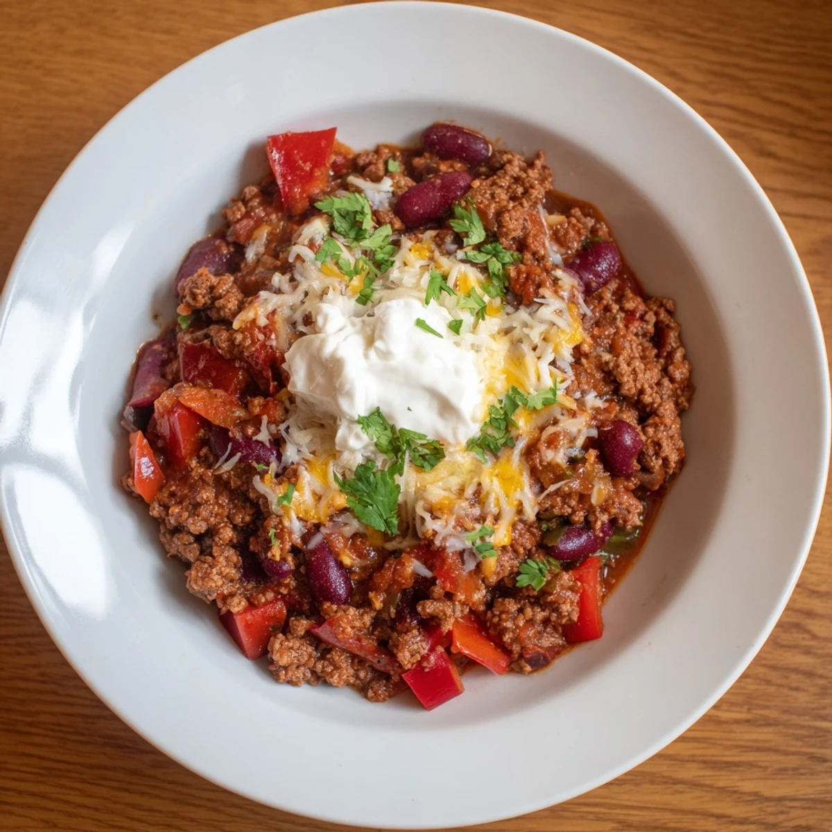 A steaming bowl of Spicy Beef Chili with Kidney Beans topped with fresh cilantro, ready to eat.
