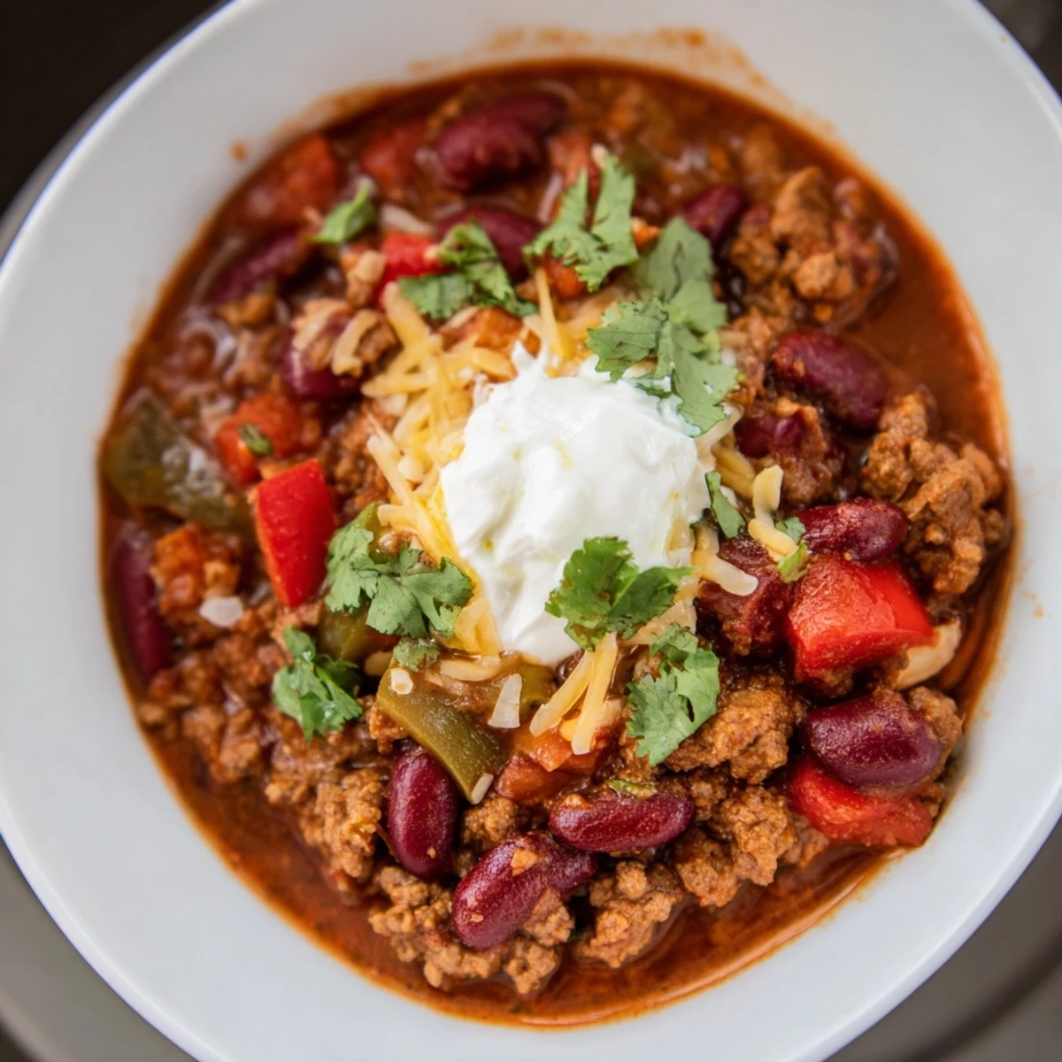 This hearty Spicy Beef Chili with Kidney Beans simmers in a pot, promising a flavorful, comforting meal.