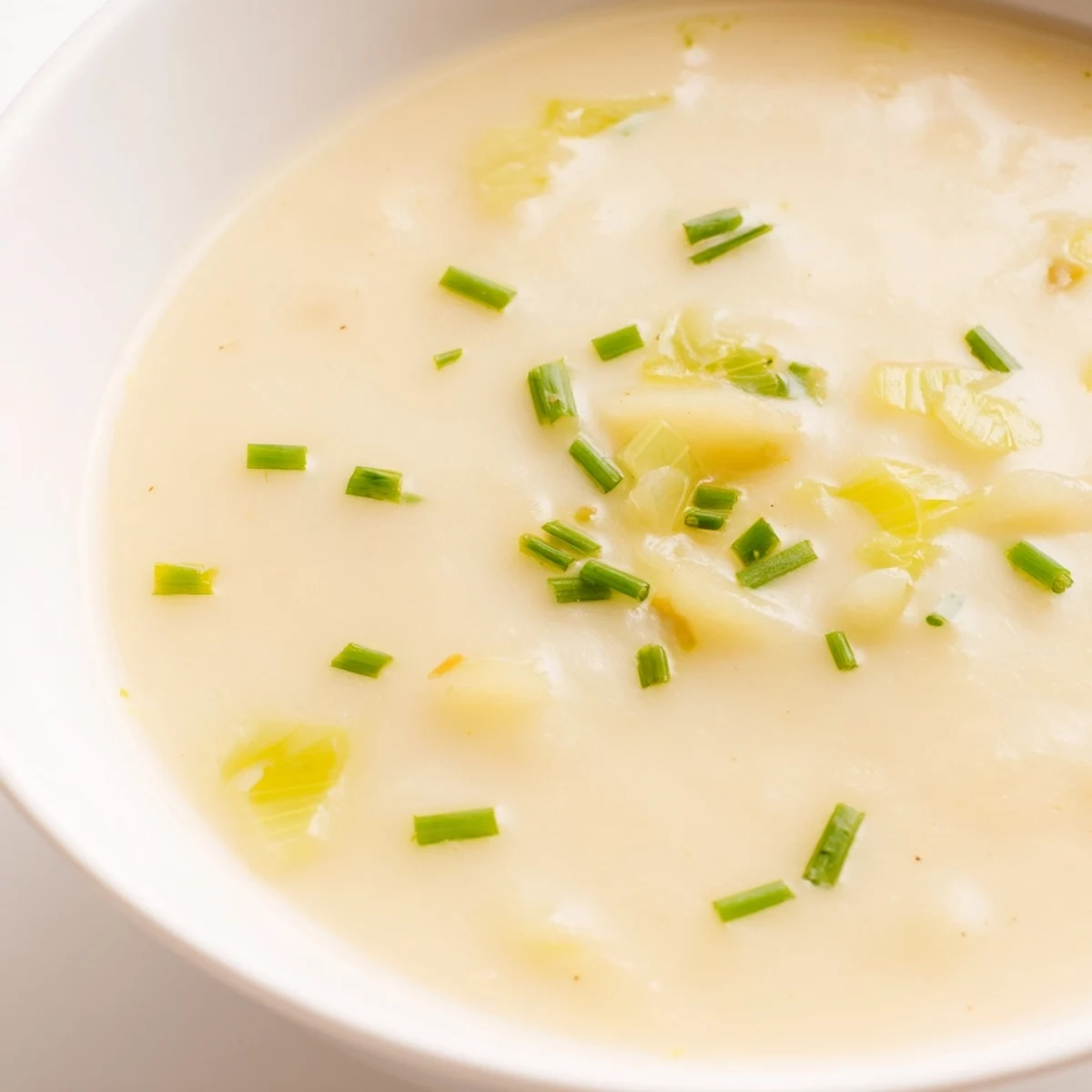 A steaming bowl of Creamy Potato and Leek Soup, garnished with fresh chives, ready to savor.