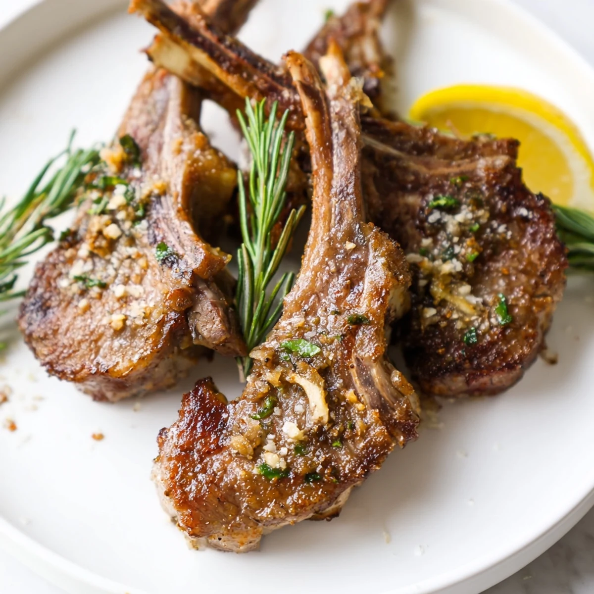 Sizzling rosemary-infused roasted lamb chops, a beautifully plated Mediterranean dinner.