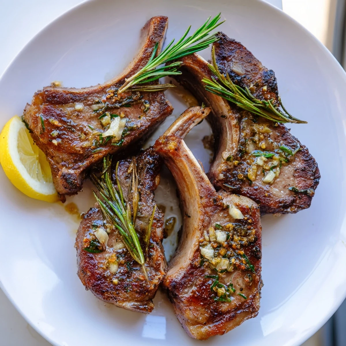 Juicy roasted lamb chops, seasoned with rosemary, ready to serve with lemon wedges.