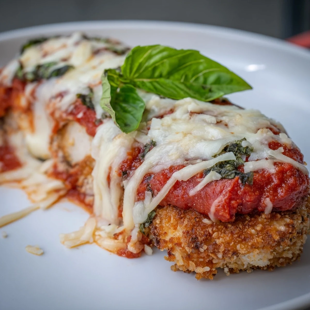 Golden baked Chicken Parmesan, bubbling with melted mozzarella and rich marinara sauce, Italian comfort food.