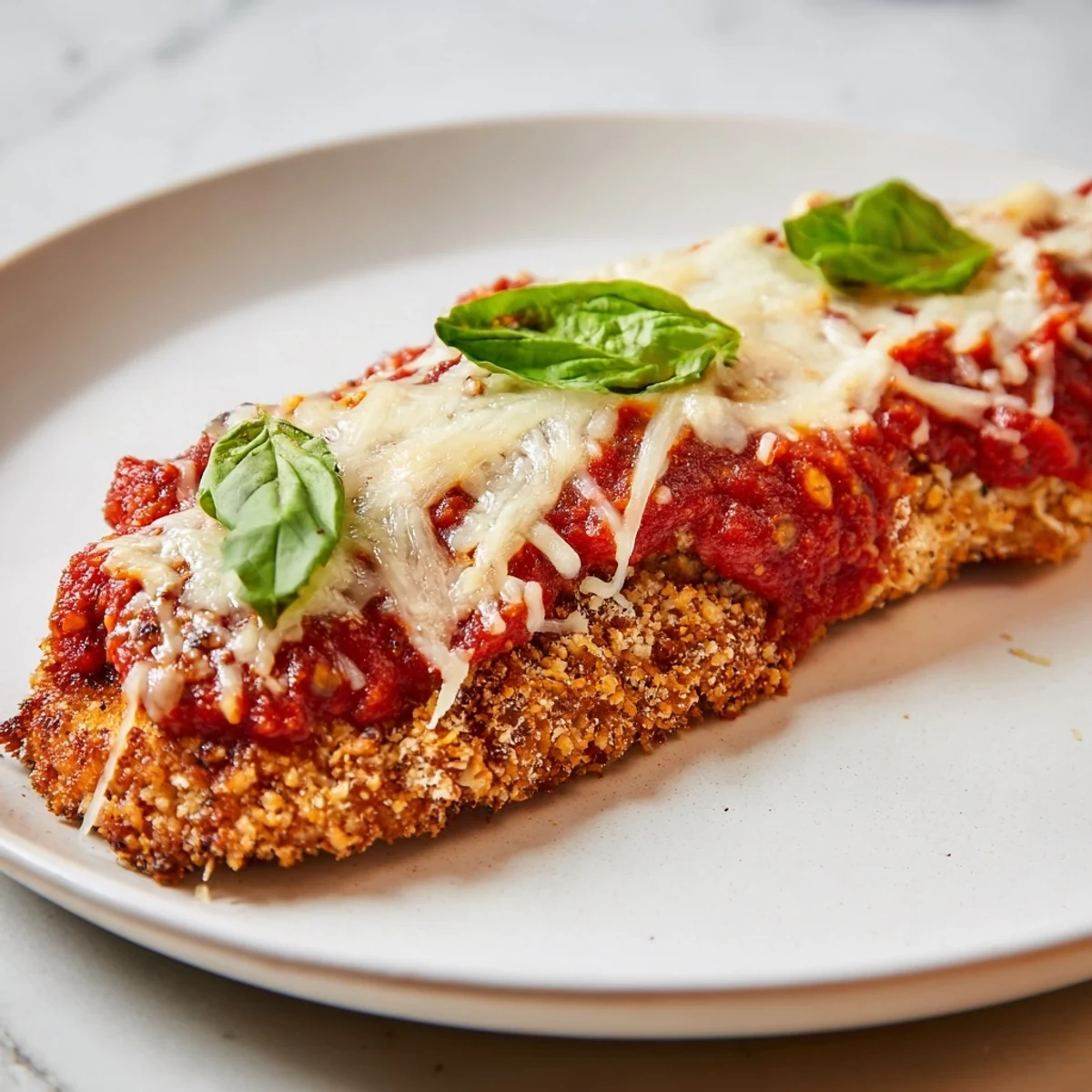 A close-up shot of perfectly baked Chicken Parmesan, with crispy breading and fresh basil garnish.