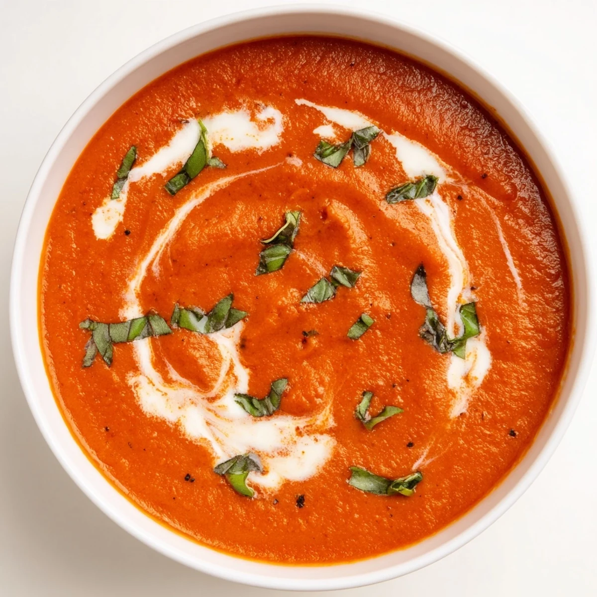 A steaming bowl of Creamy Tomato Basil Soup, garnished with fresh basil for flavor.
