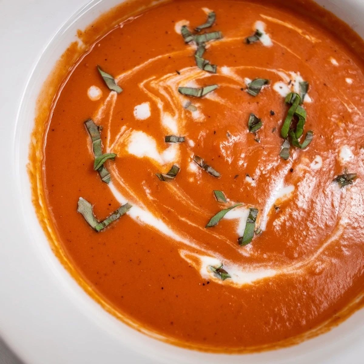 Smooth and creamy, a close-up shows the delicious texture of the fresh Creamy Tomato Basil Soup.