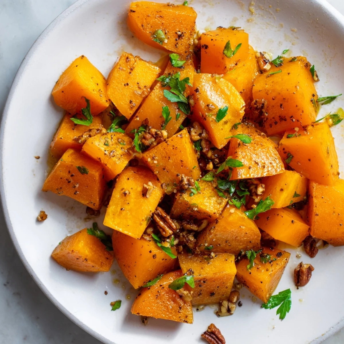 Golden-brown roasted butternut squash glistens from a maple syrup glaze, a flavorful fall side.