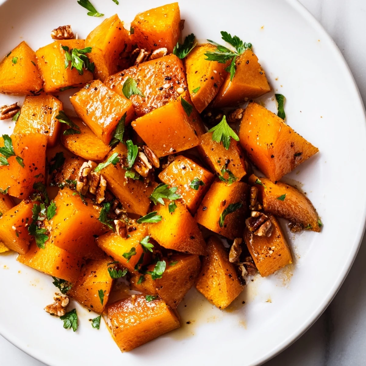 Warm and caramelized, a serving of roasted butternut squash with maple syrup, ready to enjoy.