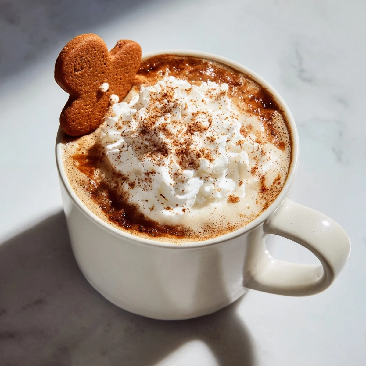 Steam rises from this Gingerbread Spiced Latte garnished with cinnamon and a tiny gingerbread man.
