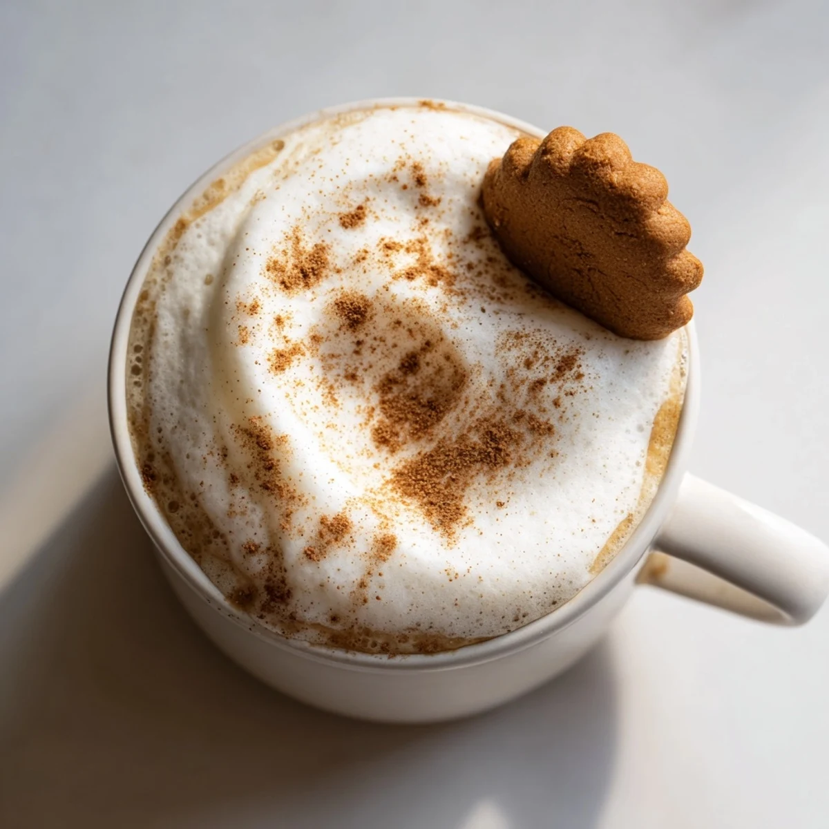 Frothy Gingerbread Spiced Latte topped with whipped cream, ready for a comforting, winter drink.