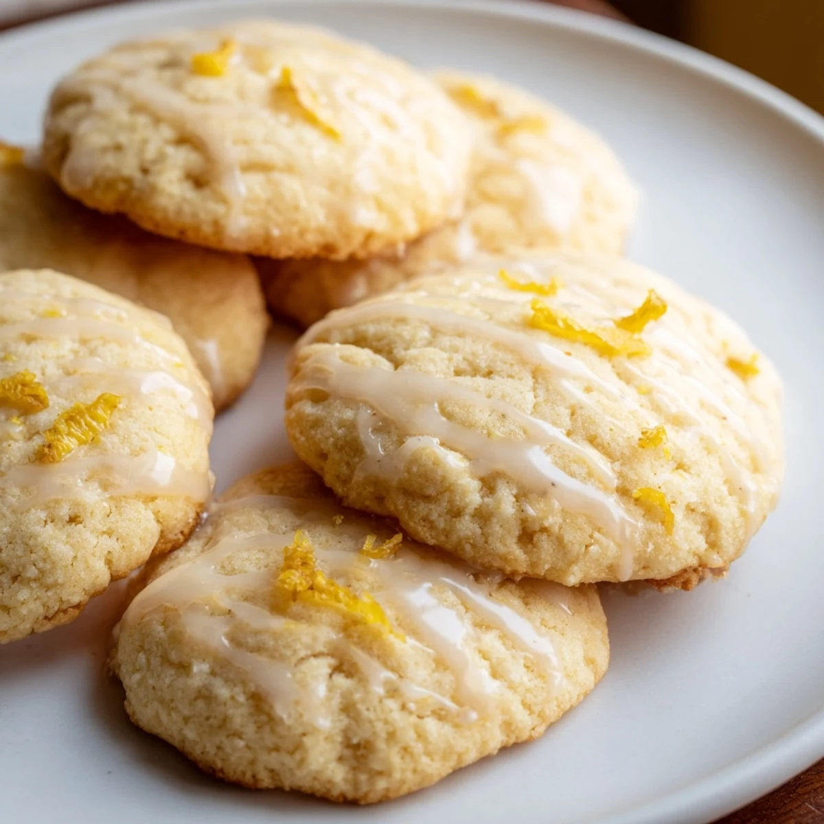 A close-up shot of several glazed Lemon Ricotta Cookies, some with lemon zest sprinkled on top.