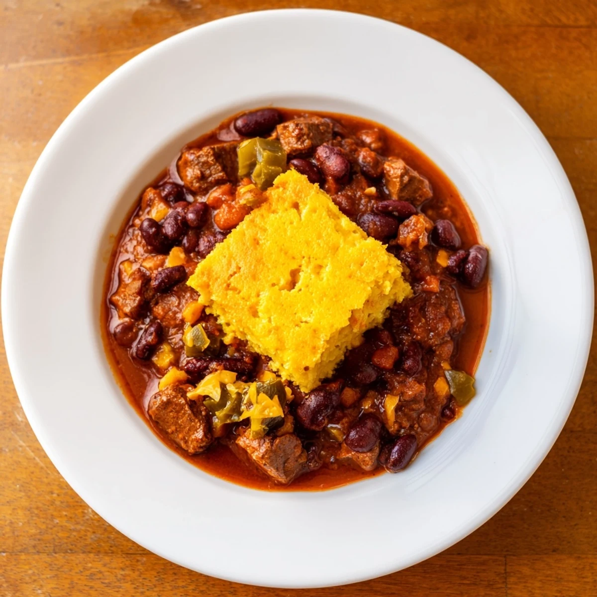 A steaming bowl of slow cooked beef chili with a golden cornbread topping, ready to eat.