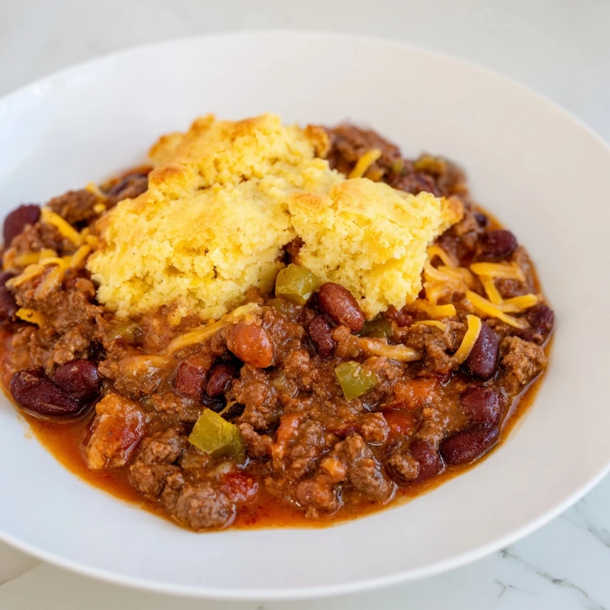 Close-up of a tender slow cooked beef chili, richly topped with flavorful, baked cornbread.