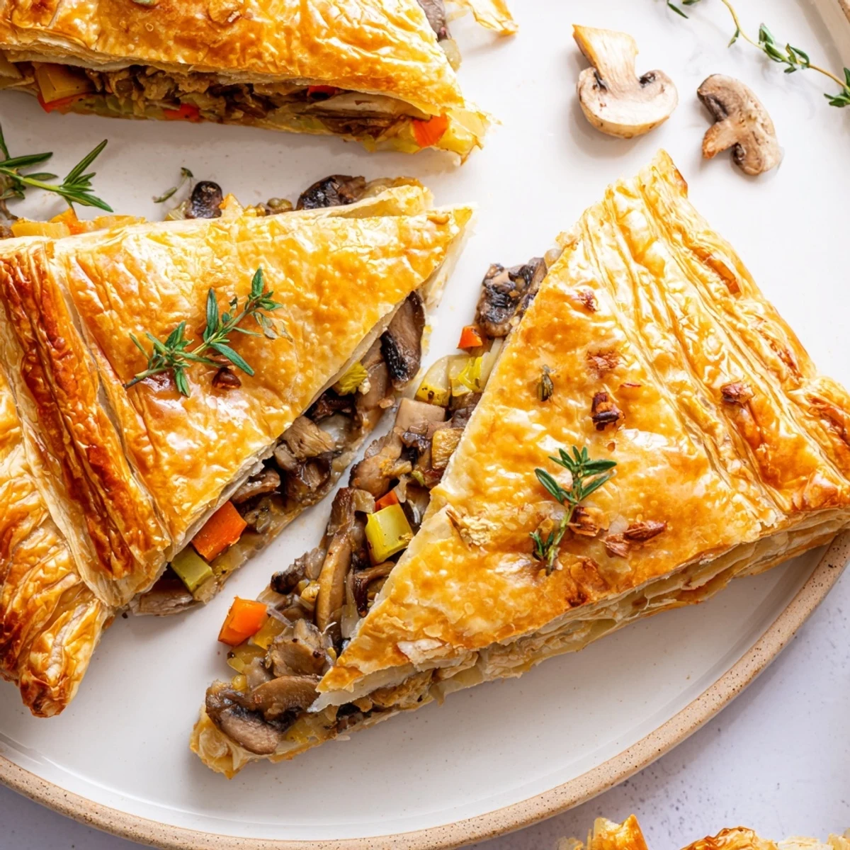 A steaming slice of Savory Mushroom and Chestnut Pie, showing tender vegetables and flaky crust.