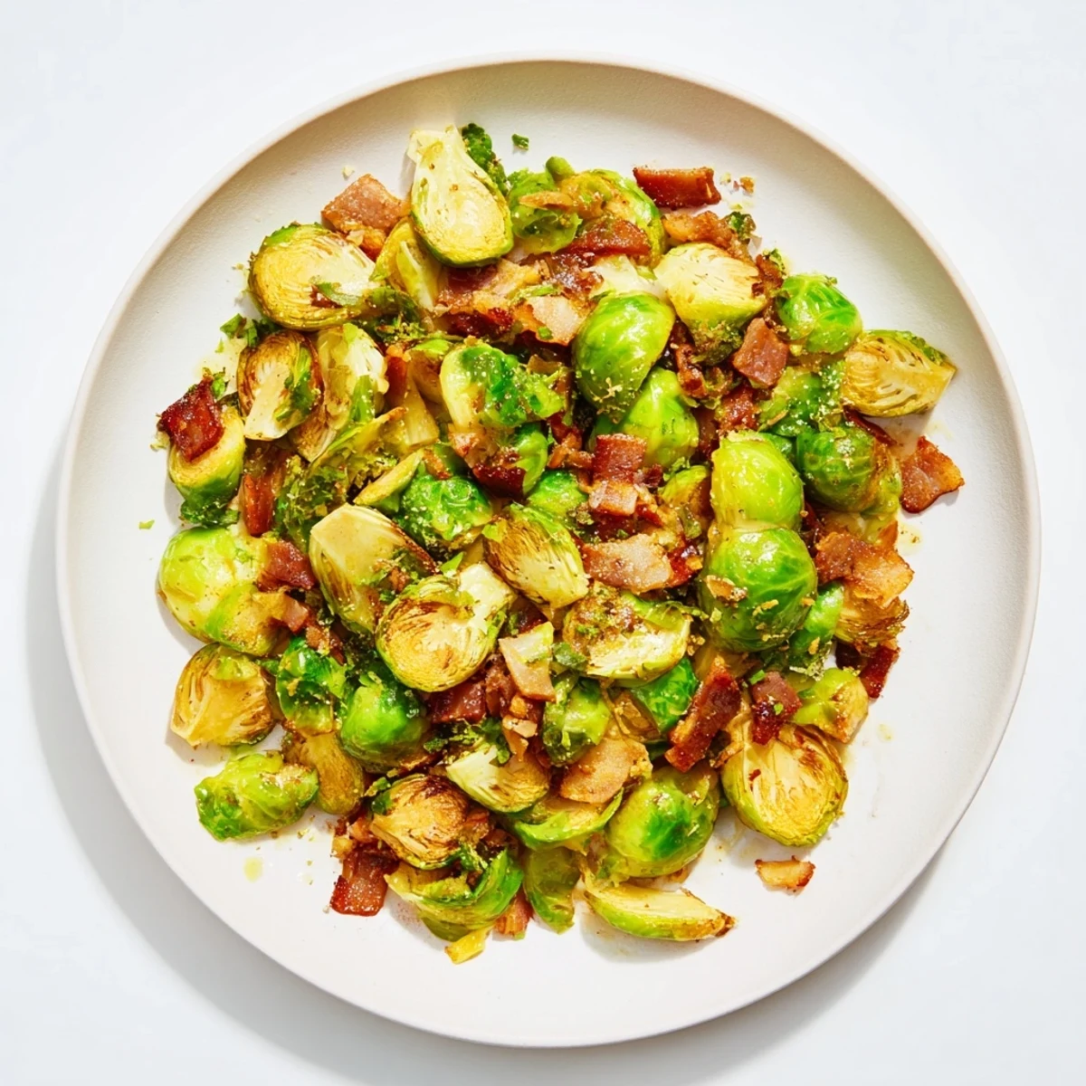 Golden-brown Sautéed Brussels Sprouts with Turkey Bacon, served warm, garnished with Parmesan cheese.
