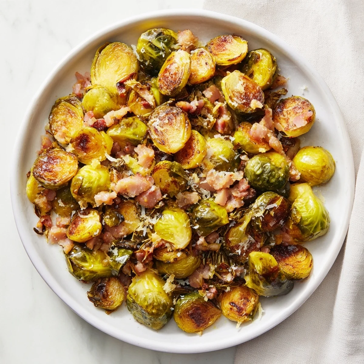 Crispy Sautéed Brussels Sprouts with Turkey Bacon, a flavorful side dish with caramelized edges.