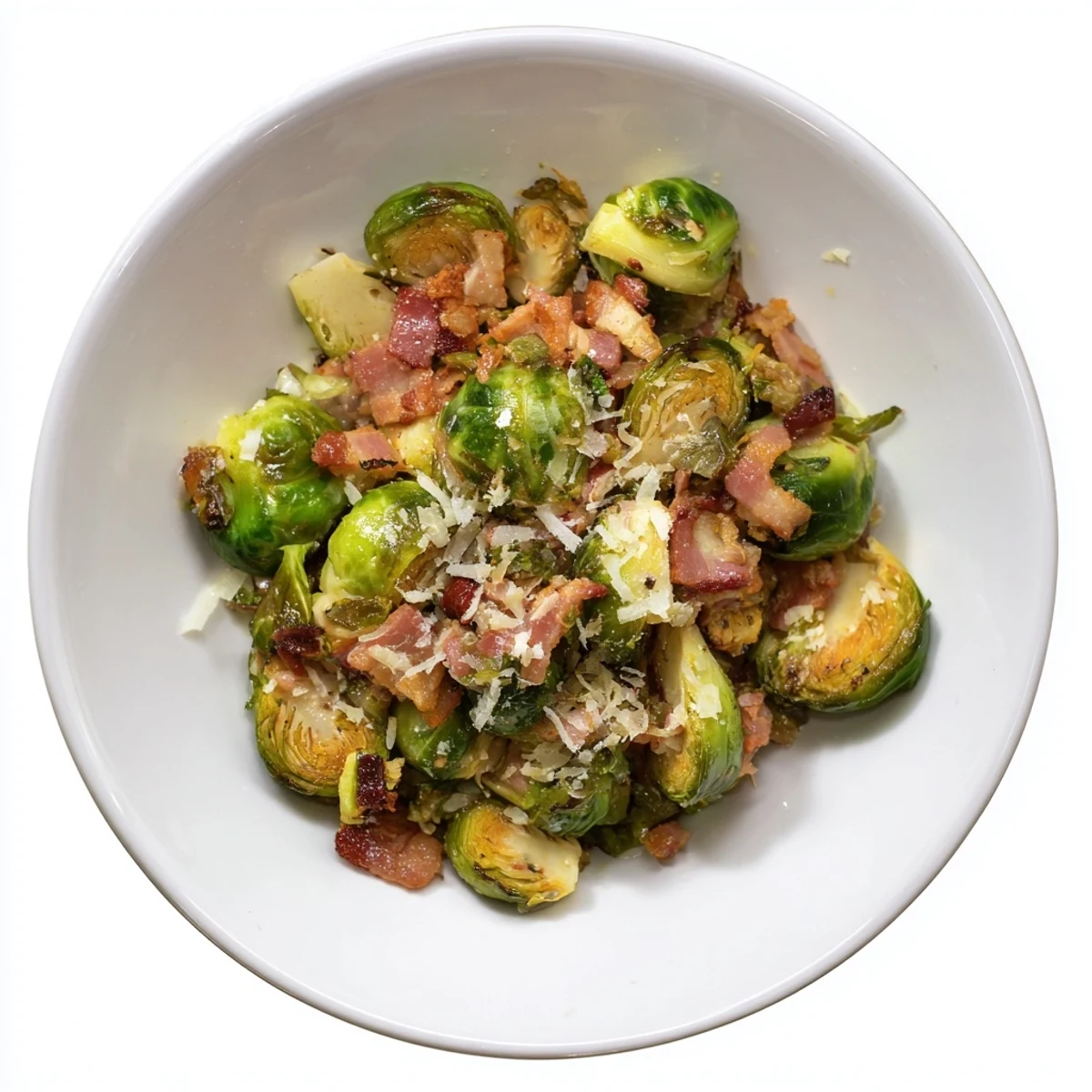 Close-up of savory Sautéed Brussels Sprouts with Turkey Bacon, cooked until tender and slightly charred.