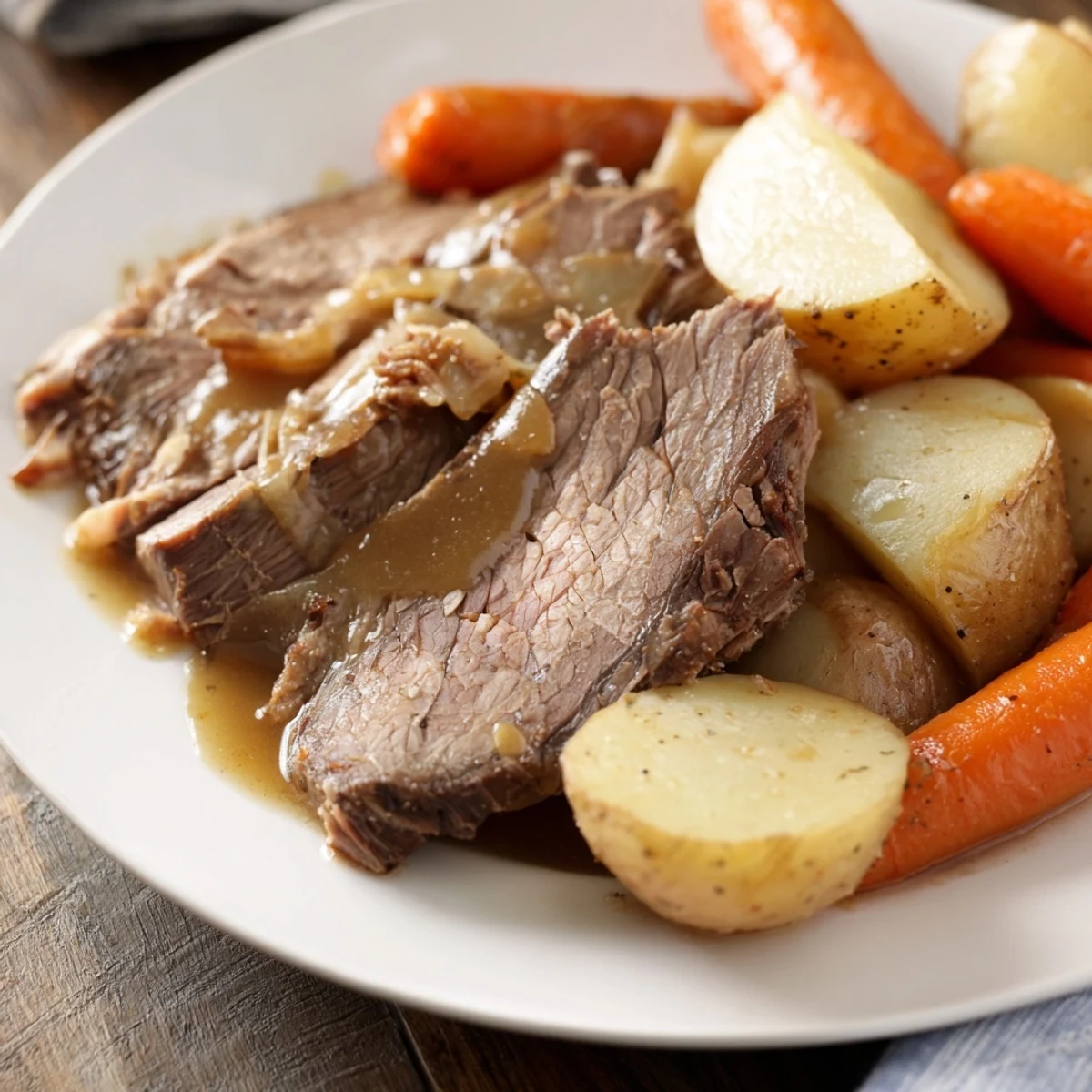 A steaming-hot plate of classic beef pot roast shows off the tender beef and vibrant carrot pieces.