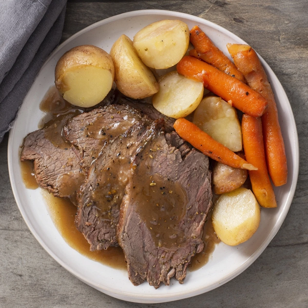 Fork-tender classic beef pot roast with carrots, offering a rich aroma and savory, comforting flavors.