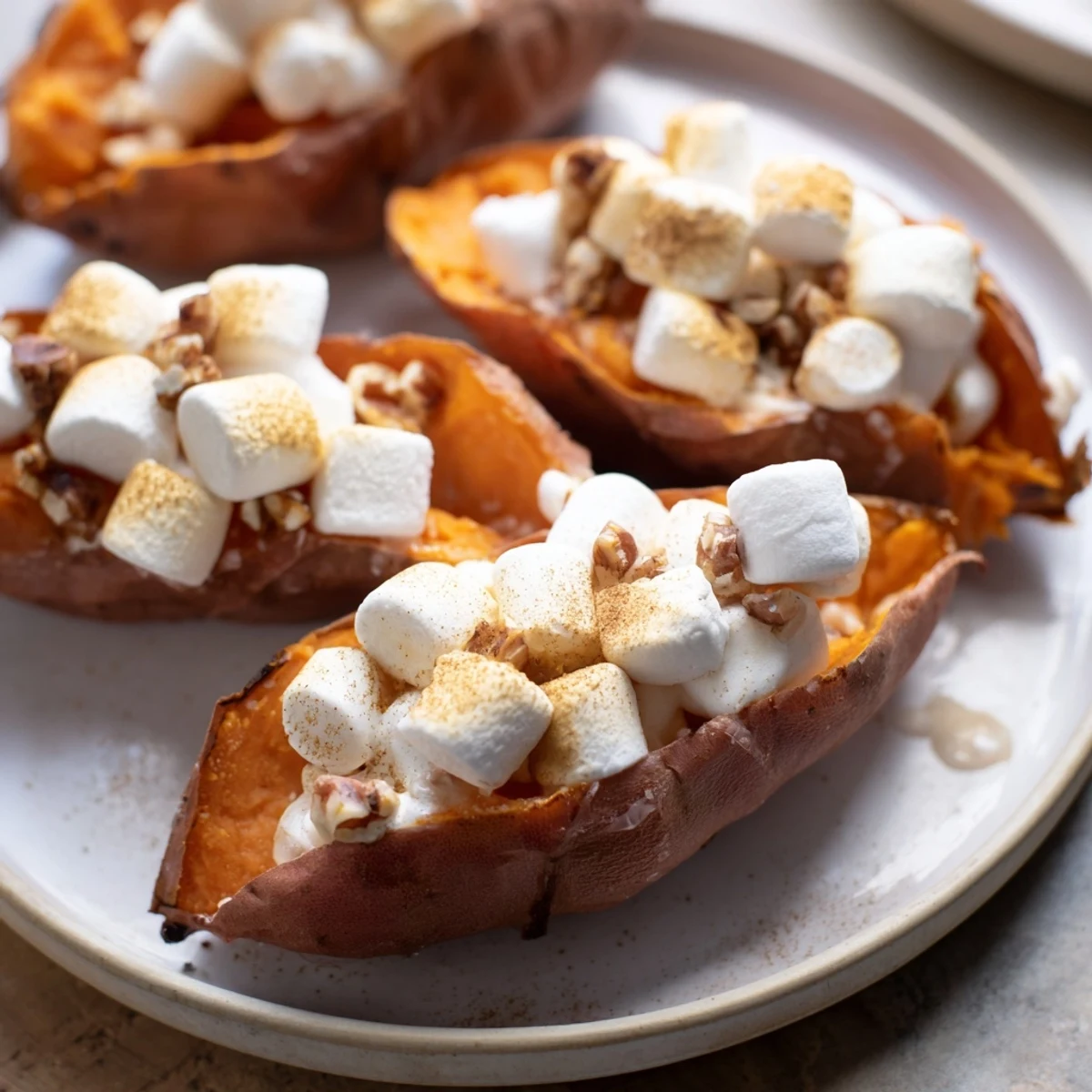 Image of fluffy baked sweet potato with gooey marshmallow topping, ready to eat.
