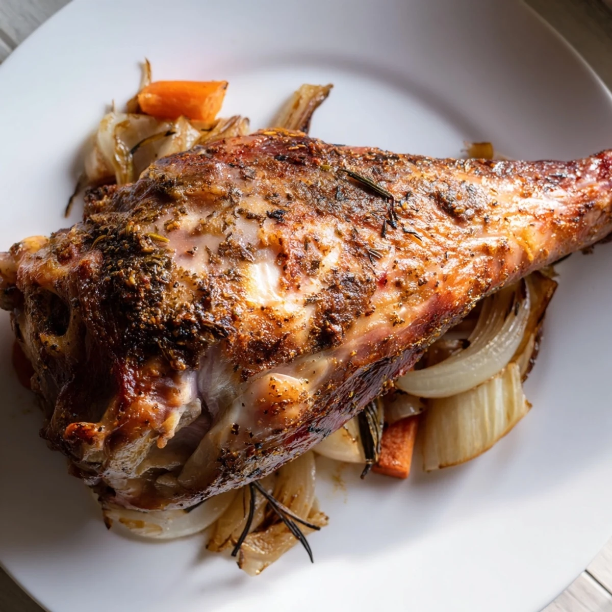 Golden-brown baked turkey leg, juicy and tender, ready to serve with crispy, flavorful skin.