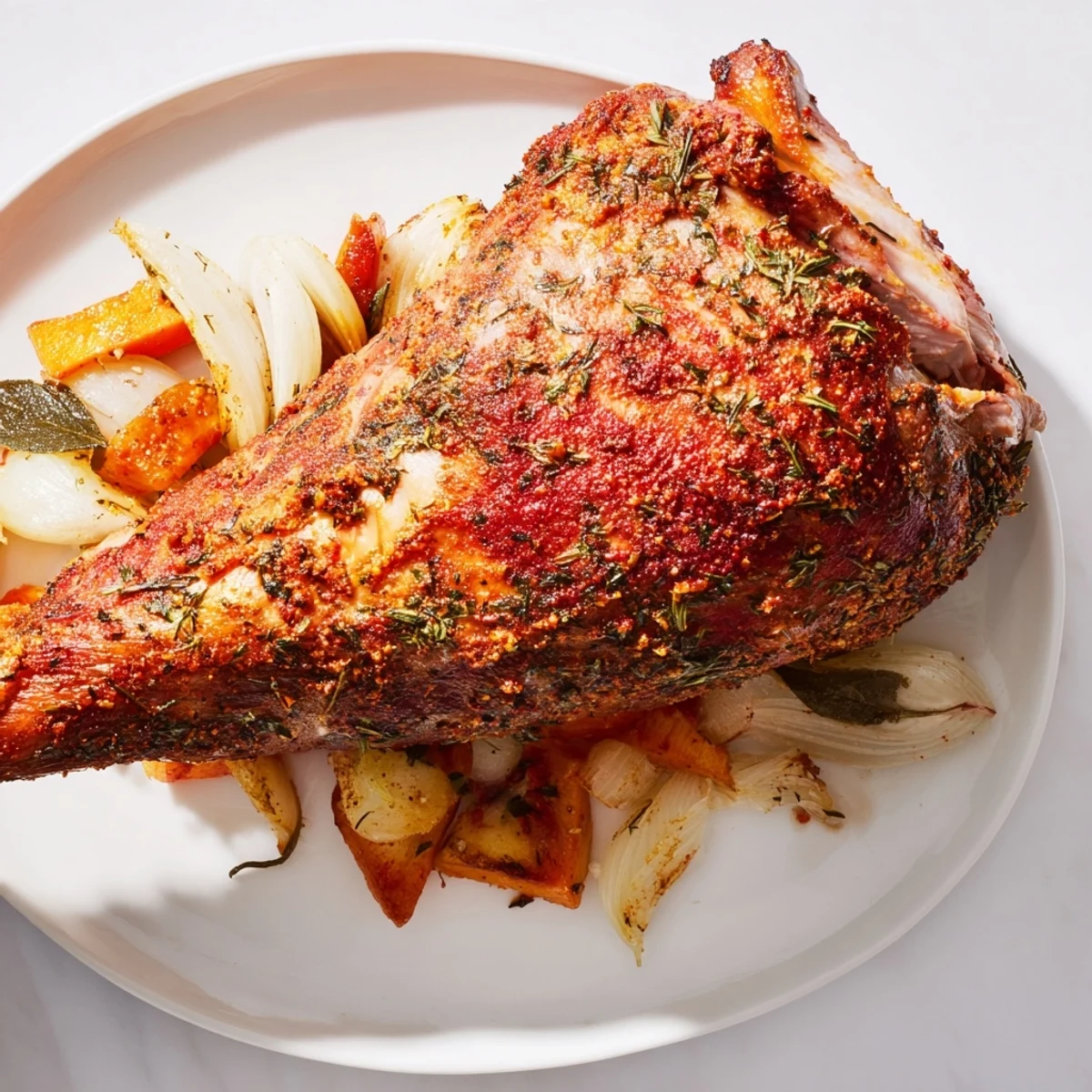 Oven-baked turkey leg, aromatic with herbs, showing delicious roasted vegetables on the side.