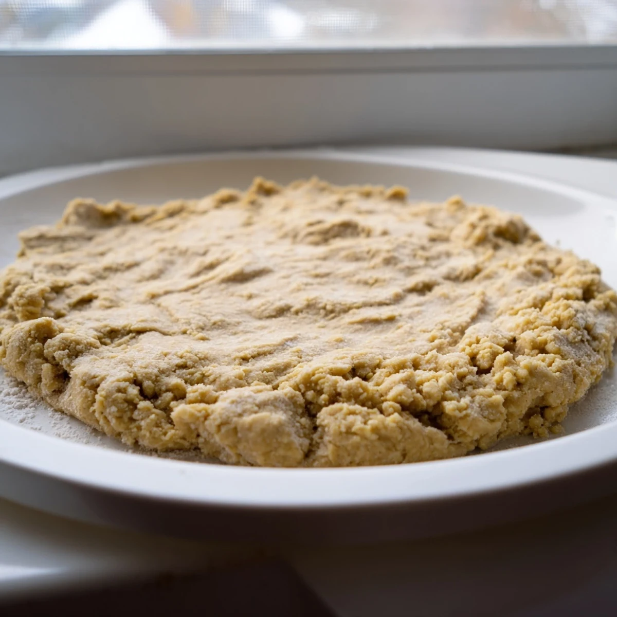 Close-up of a tender, crumbly Savory Galette Dough disk waiting to be rolled out into a crust.