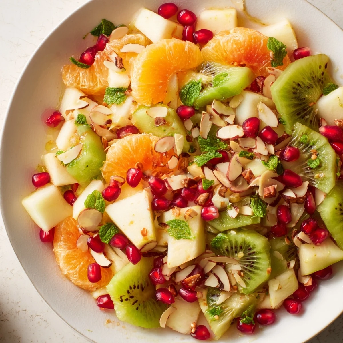 This gorgeous winter fruit bowl features juicy grapes, crisp pear chunks, and a sprinkle of chopped mint.