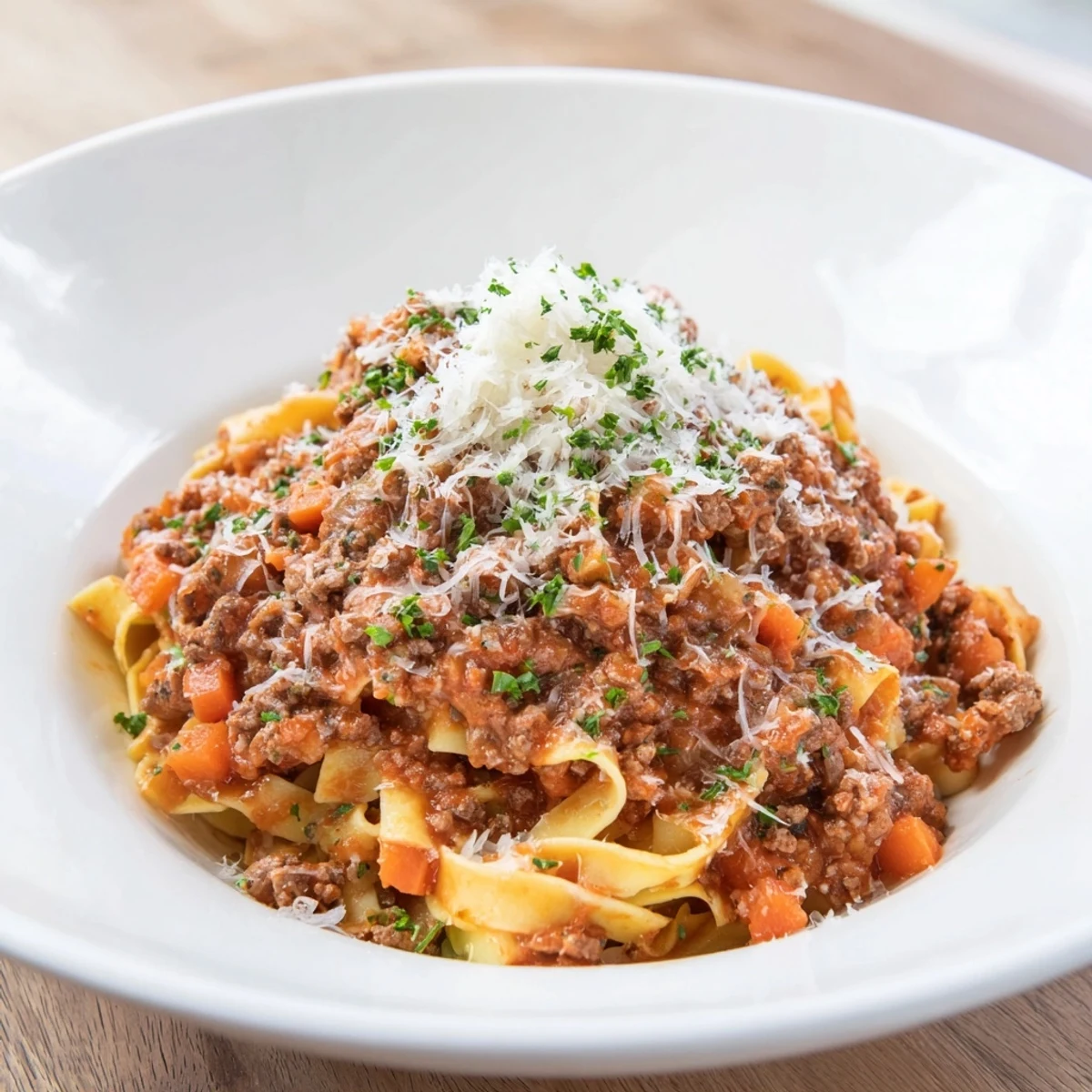 Steaming bowl of Beef Bolognese pasta, rich meat sauce clings to tender tagliatelle, ready to be enjoyed.