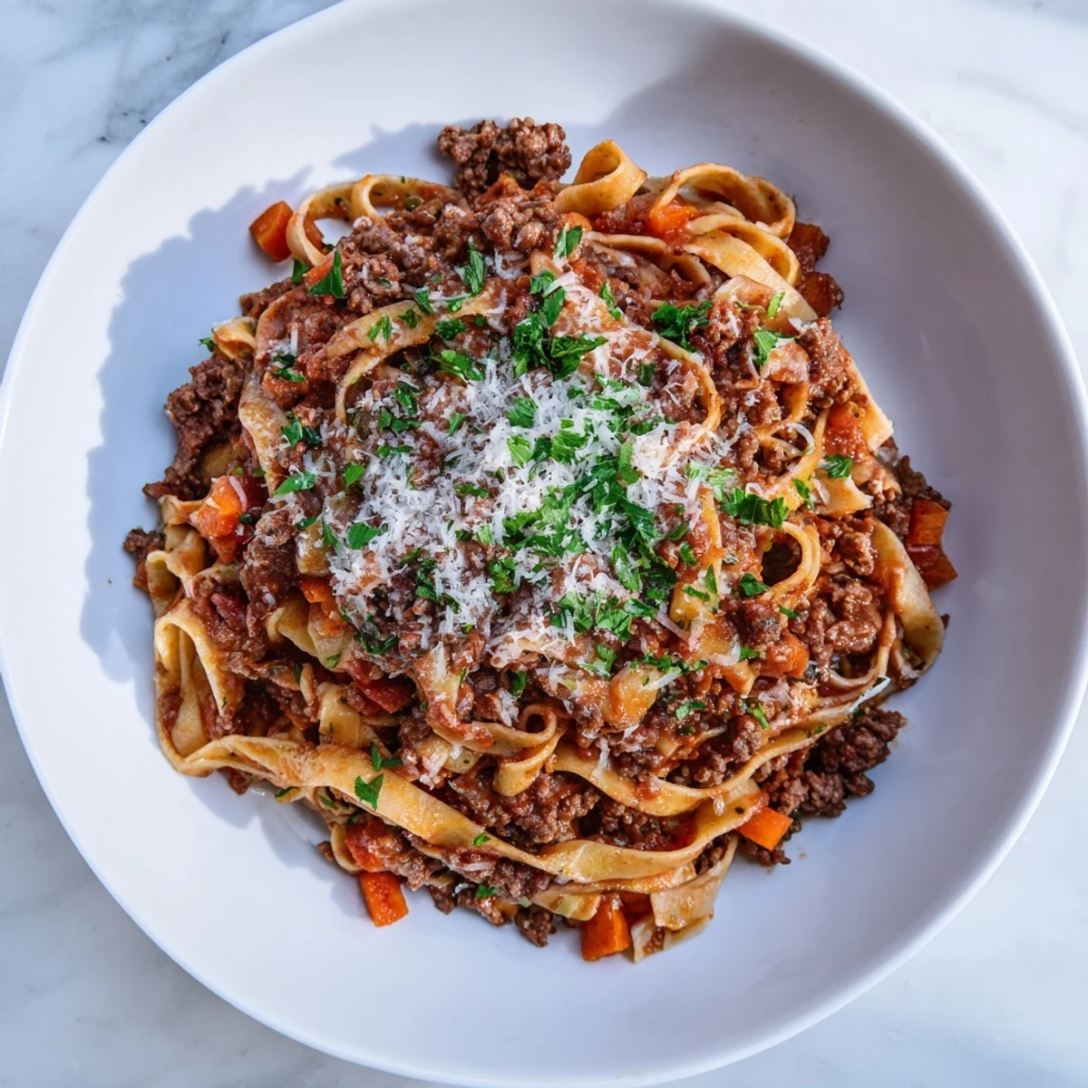 A close-up view of flavorful Beef Bolognese, glistening pasta in a hearty tomato and meat sauce, inviting textures.