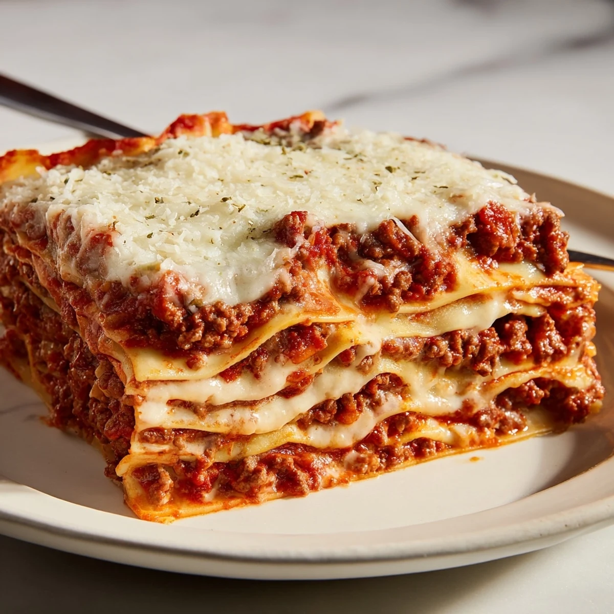 Golden, bubbly Classic Beef Lasagna with Béchamel, oozing with melted mozzarella and fragrant basil.