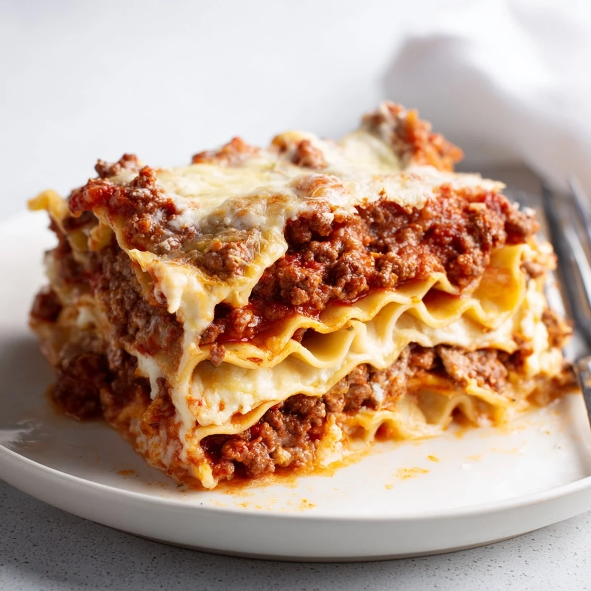 A steaming slice of hearty Classic Beef Lasagna with Béchamel, showcasing layered textures and rich flavors.