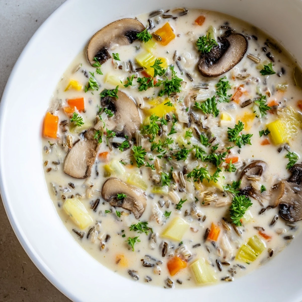 Steaming bowl of Creamy Mushroom and Wild Rice Soup, garnished with vibrant green parsley, ready to eat.